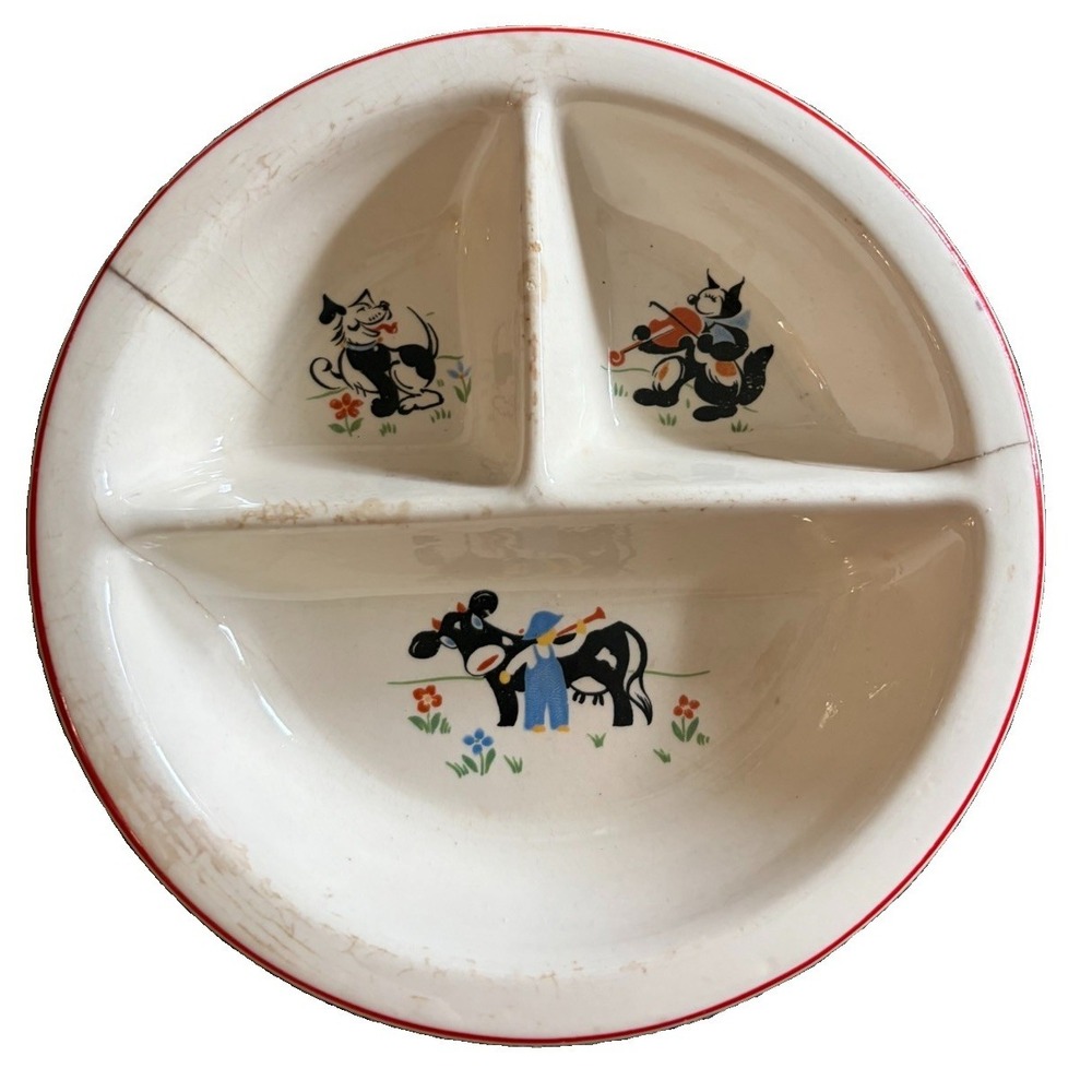 Vtg Salem China Divided Child's Divided Plate Dog Cat Cow Farm Scene Red Rim